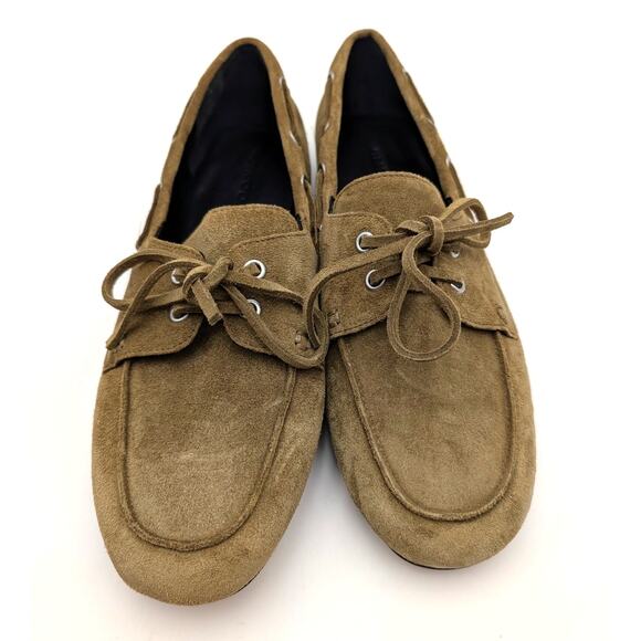Vince Marin Round Toe Boat Loafer Women's Olivewood Suede Size US7M EU37 - Picture 14 of 14
